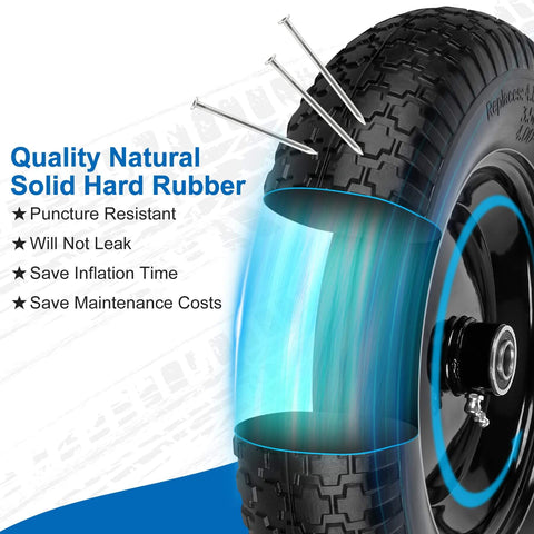Flat Free Wheelbarrow Tires And Wheels 14.5 Inch Universal Fit Solid Tires for 5/8 Inch bearings, puncture resistant design