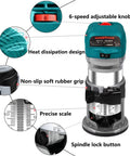 Beefy 6.5 Amp 1.25 HP Palm Router For Woodworking showing 6-speed knob, heat dissipation, rubber grip, scale, spindle lock button.