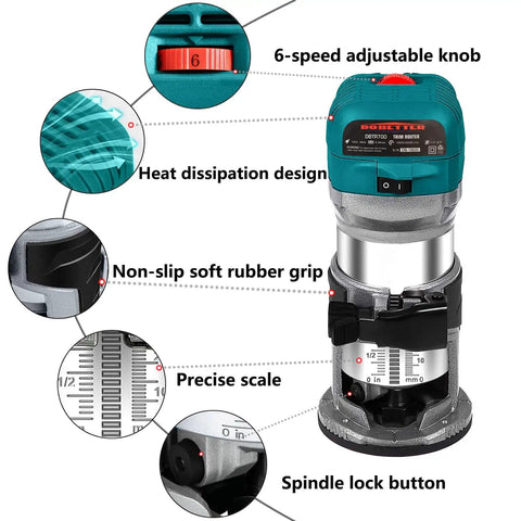 Beefy 6.5 Amp 1.25 HP Palm Router For Woodworking showing 6-speed knob, heat dissipation, rubber grip, scale, spindle lock button.
