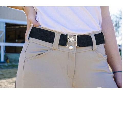Stretchy One And A Half Inch Equestrian Belt For Riding With Surcingle Buckle And Key Strap Adjustable on beige pants
