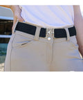 Person wearing a Stretchy Elastic Equestrian Belt With Surcingle Buckle Leather Key Strap Riding Belt for secure fit