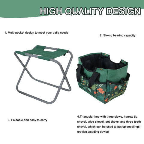Foldable Gardening Stool With Detachable Storage Tote For Gardening Camping And Fishing Tools Organizer Portable Garden Chair For Adults With Sturdy Steel Frame And Easy Grab And Go Carry Design