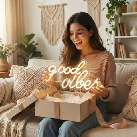 Woman holding Good Vibes Neon Sign LED Wall Decor With Warm White Glow For Living Room And Weddings Boho Minimalist Modern Farmhouse Backdrops USB Powered 3D Art Gift 16.1x8.3 Inch