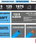 Diagram of Beefy All Weather 50 Ft Extension Cord With 3 Outlets, Heavy Duty Outdoor Cable, 12/3 SJEOW, showing features and specs