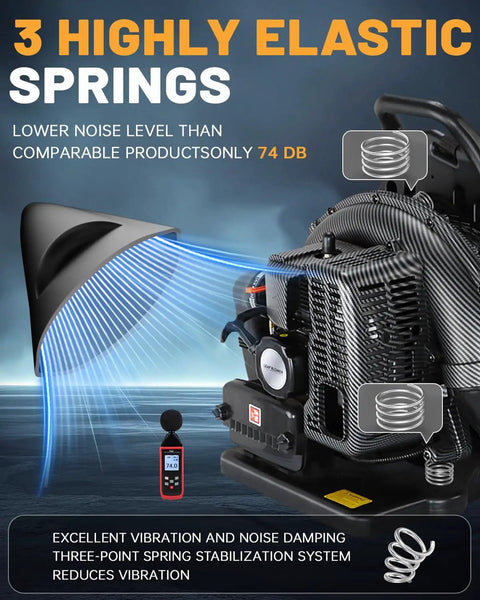 Gas Backpack Leaf Blower 72cc 2 Stroke With Adjustable Speed showing noise reduction springs and sound level meter.