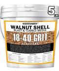 Front view of white plastic 5 lb bucket labeled GRITSMITH Walnut Shell Blast & Tumble Media, 18-40 grit