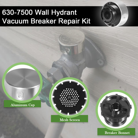 2-Pack 630-7500 Vacuum Breaker Repair Kit For Anti-Siphon Wall Hydrants, showing parts like aluminum cap and mesh screen.