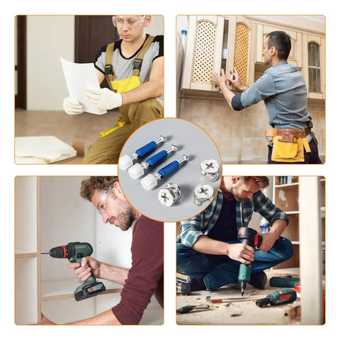 Top Shelf Cam Lock Hardware Kit With Heavy Duty Screws And Dowels, No Sweat Furniture Repair Set For Drawers Dressers And Cabinets, 390 Piece tools and assembly in use.