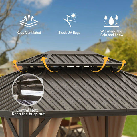 10x14 Ft Outdoor Gazebo With Hardtop And Curtains Netting Included, Galvanized Steel Frame, vented roof and net detail