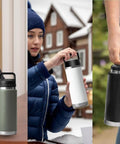 Three images showing Chug Cap Lid Replacement For Rambler Water Bottle 18 Oz 26 Oz 36 Oz 64 Oz Screw Top Fits Rambler Models.