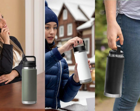 Three images showing Chug Cap Lid Replacement For Rambler Water Bottle 18 Oz 26 Oz 36 Oz 64 Oz Screw Top Fits Rambler Models.