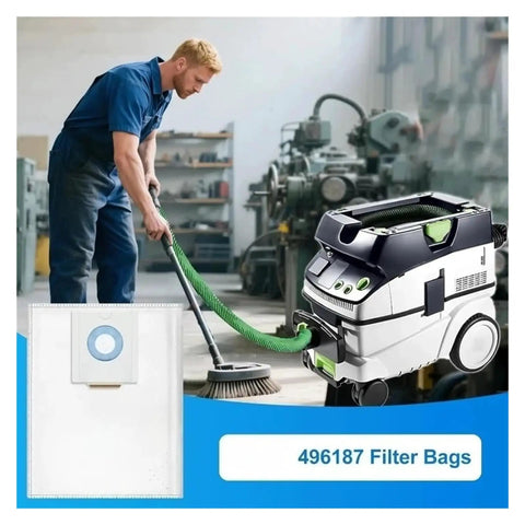 Man using vacuum in workshop with Five Pack Dust Filter Bags Compatible With CT26 CT26E CT36 CT36E Vacuum Cleaners shown