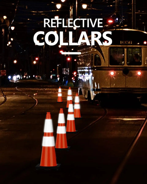 4 Pack 28 Inch Traffic Cones With Black Weighted Base For Traffic Control At Construction Sites And Parking Lots Orange PVC Cones With Reflective Collars For High Visibility And Weatherproof Durability at night street