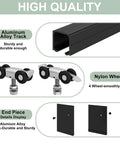 Image of 6Ft Barn Door Hardware Kit components showing aluminum box rail track, nylon wheels, and end pieces