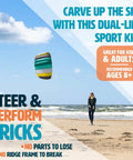 Woman flying Symphony Beach III 1.3 Stunt Kite in Aqua on beach, ideal for sport flying, beginners to teens, dual line foil kite.