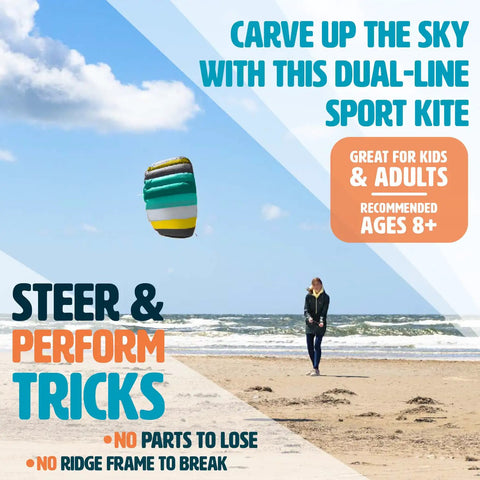 Woman flying Symphony Beach III 1.3 Stunt Kite in Aqua on beach, ideal for sport flying, beginners to teens, dual line foil kite.