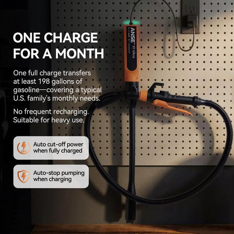 Rechargeable Cordless Fuel Transfer Pump 2.7 GPM Model X1 Ultra With 6000mAh Lithium Ion Battery Leak Proof Design Portable Automotive Fuel Transfer Kit displayed on a pegboard