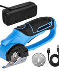 Kickass Cordless Electric Scissors With Glow Led Light Rechargeable Rotary Box Cutter For Thick Cardboard Fabric Fast Snip, shown with charging cable and case