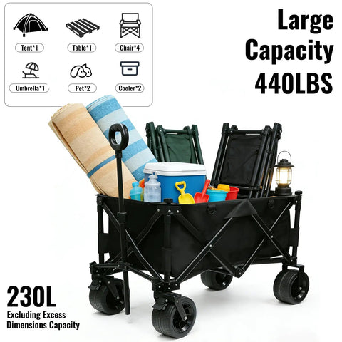 Heavy Duty Collapsible Folding Wagon With Built In Table loaded with beach gear and chairs, 440 lb capacity, black color.