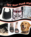 Collage showcasing Punk Stud Kit For Leather And Clothing DIY Decor used on bag, belt, shoes, and dog collar with spikes.