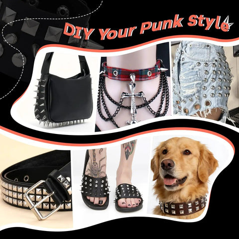 Collage showcasing Punk Stud Kit For Leather And Clothing DIY Decor used on bag, belt, shoes, and dog collar with spikes.