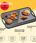 Reversible Cast Iron Grill Pan For Stovetop, 17 By 9.8 Inch Dual Sided Griddle with grilled food on smooth and ribbed surfaces