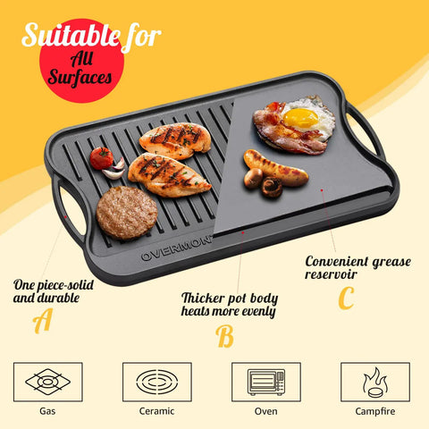 Reversible Cast Iron Grill Pan For Stovetop, 17 By 9.8 Inch Dual Sided Griddle with grilled food on smooth and ribbed surfaces