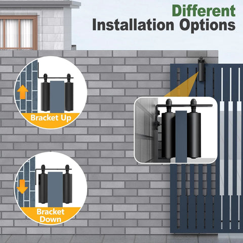 Heavy Duty Sliding Gate Roller Hardware Kit With Steel Wall Mount Bracket And Nylon Roller Guide For Rolling Doors Garage Gates And Wood Gates Adjustable Bracket For Precise Alignment Black Finish 6 Inch showing installation options on gate