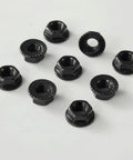 Heavy Duty M8x1.25mm Metric Serrated Hex Flange Nuts Built Tough With Rock Solid Grade 10.9 Alloy Steel And Premium Black Oxide Finish For Secure Grip Shop Grade Auto Fastening 25 Pack, showing nine nuts with serrated edges.