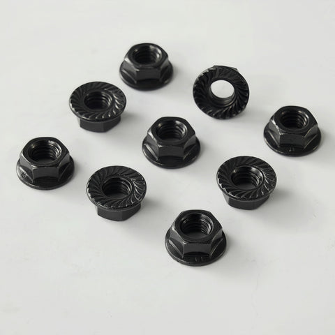 Heavy Duty M8x1.25mm Metric Serrated Hex Flange Nuts Built Tough With Rock Solid Grade 10.9 Alloy Steel And Premium Black Oxide Finish For Secure Grip Shop Grade Auto Fastening 25 Pack, showing nine nuts with serrated edges.
