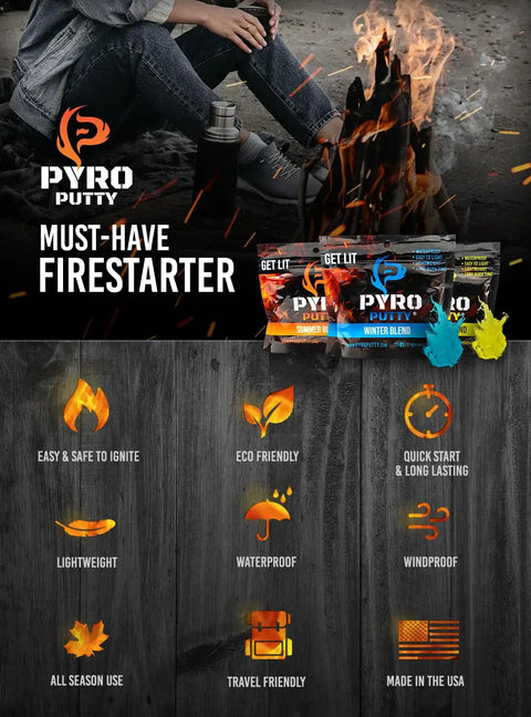 Pyro Putty Emergency Fire Starter For All Seasons Eco Blend Waterproof And Windproof 2 Oz Can with benefits illustration