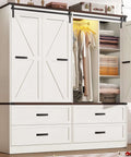 4 Door Armoire Wardrobe With Sliding Barn Doors LED Lighting Drawers And Hanging Rod Freestanding Wooden Closet In Antique White Finish