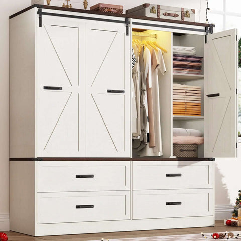 4 Door Armoire Wardrobe With Sliding Barn Doors LED Lighting Drawers And Hanging Rod Freestanding Wooden Closet In Antique White Finish