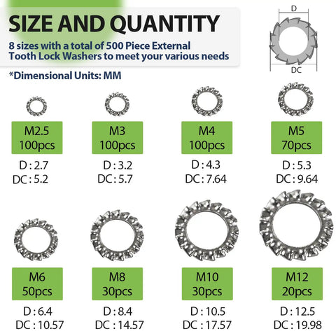 External Tooth Lock Washer Assortment Kit 8 Size 500 Pc M2.5 to M12 304 Stainless Steel Star Washers size chart