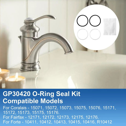 O Ring Seal Kit For Kitchen Faucets With Two O Rings Two Bearings And One Lube Repair Kit next to a stainless steel faucet
