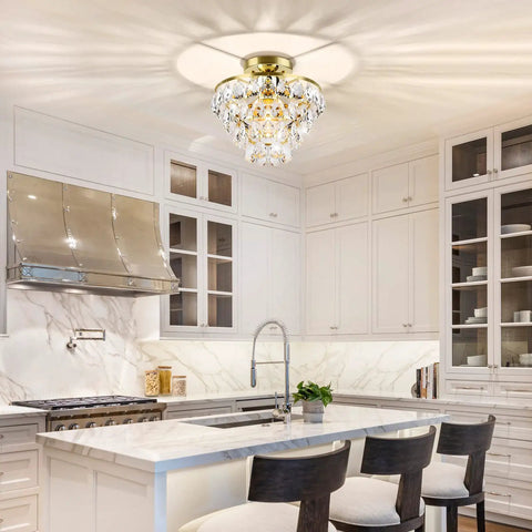 Gold Finish Crystal Ceiling Light Semi Flush Mount Chandelier With E26 Base in modern kitchen setting
