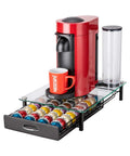 Nespresso Pod Drawer Organizer With Crystal Tempered Glass Tray Holds 40 Vertuo Pods under coffee machine on kitchen counter.