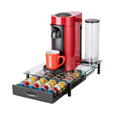 Nespresso Pod Drawer Organizer With Crystal Tempered Glass Tray Holds 40 Vertuo Pods under coffee machine on kitchen counter.