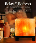 Himalayan Salt Lamp Rectangle In Natural Pink Rock With Wood Base Dimmable Cord Night Light glowing on a spa table