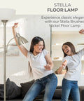 Two women dancing next to an Adjustable Metal Floor Lamp With Side Reading Light In Satin Nickel Finish 150 Watt Go To Modern Mother Daughter Standing Lamp For Living Room Bedroom Office.