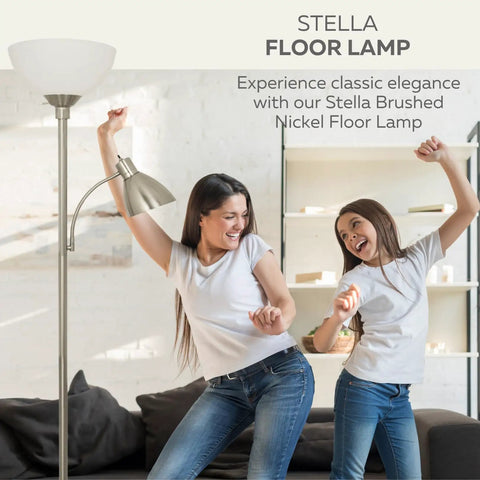 Two women dancing next to an Adjustable Metal Floor Lamp With Side Reading Light In Satin Nickel Finish 150 Watt Go To Modern Mother Daughter Standing Lamp For Living Room Bedroom Office.