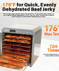 Heavy Duty Ten Tray Food Dehydrator Machine That Runs Smooth Like A Champ With 800W Turbo Power And Reliable Timer for drying beef jerky.