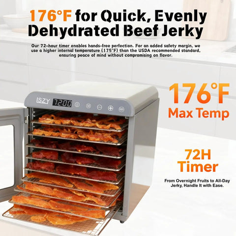 Heavy Duty Ten Tray Food Dehydrator Machine That Runs Smooth Like A Champ With 800W Turbo Power And Reliable Timer for drying beef jerky.