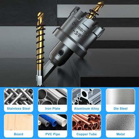 Boss Grade 4 Piece TCT Hole Saw Kit With Tungsten Carbide Tips cutting stainless steel, iron, aluminum, and wood samples