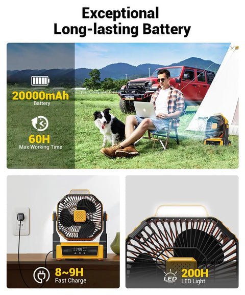 Portable Camping Fan With Lights And 20000mAh Battery powered outdoor fan next to a tent and jeep in a field