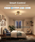 Twenty Inch Flush Mount Ceiling Fan With Killer RGBIC SmartApp LED Lighting and Dual Layer Color Changing Glow in a bedroom setting.