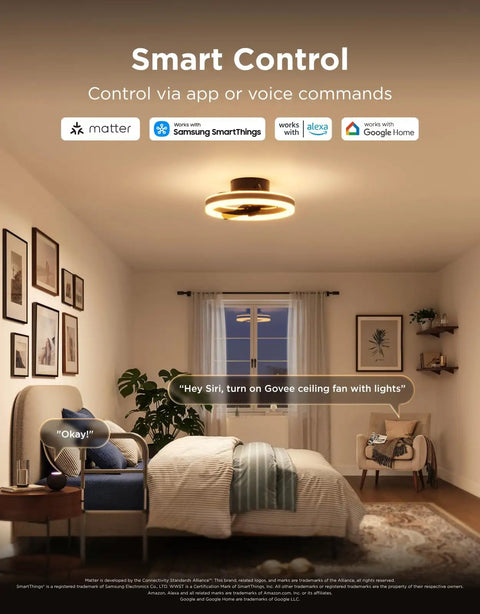 Twenty Inch Flush Mount Ceiling Fan With Killer RGBIC SmartApp LED Lighting and Dual Layer Color Changing Glow in a bedroom setting.