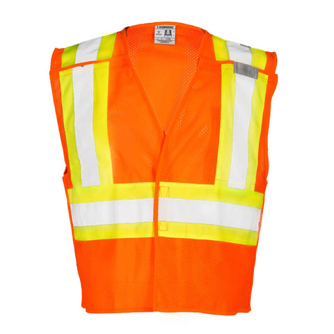 Men's High Vis Reflective Breakaway Safety Vest With Contrast Mesh And Quick Hook Closure Ansi Class Two Jobsite Ready Traffic Control Utility Gear Lime Orange Trim Real Big Size Built Tough front view with bright orange color and reflective stripes.