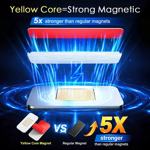Yellow core magnet showing 5x strength on no drill magnetic cabinet door catches for a clean look 12 pack ultra thin invisible magnets