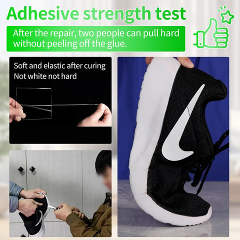 Heavy Duty Shoe Glue For All Shoes, Clear Waterproof Sole Repair Adhesive test with sneaker and pulling demonstration